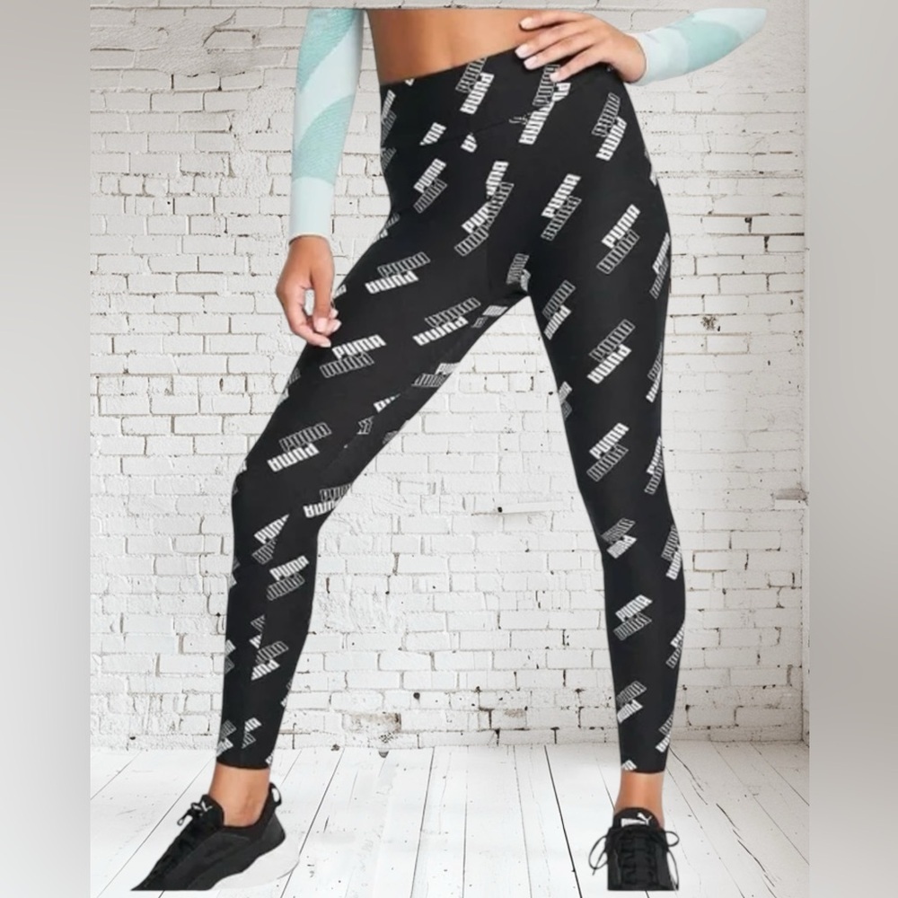 PUMA Power Leggings Small NWT | Black White Logo Stretch Cotton Blend Fit